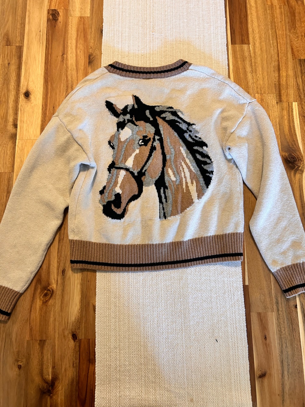 Nikka K Horse Intarsia Graphic Cardigan Sweater Cream Brown Equestrian Western S